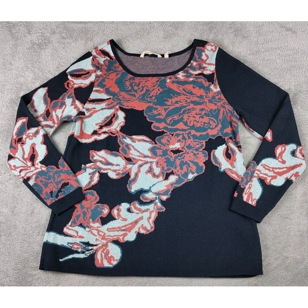 Soft Surroundings Seeds Of Spring Floral Navy Fair Isle Sweater Medium Boho